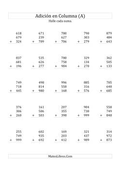 Suma en Columna, Tres Números de Tres Dígitos