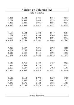 Suma en Columna, Cuatro Números de Cuatro Dígitos