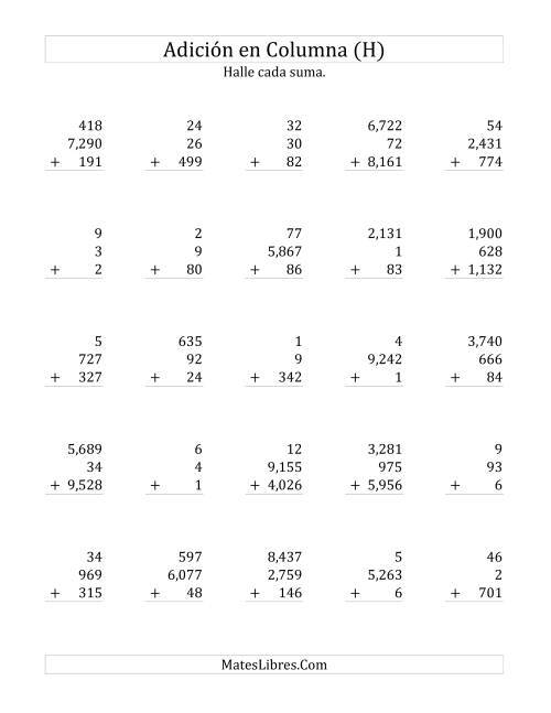 La hoja de ejercicios de Suma en Columna, Tres Números de Varios Dígitos (H)