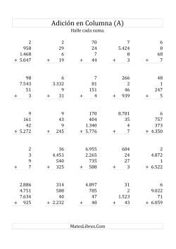 Suma en Columna, Cuatro Números de Varios Dígitos