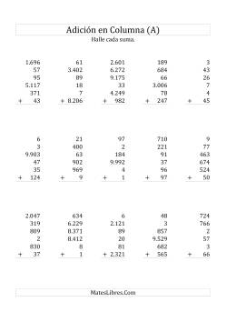 Suma en Columna, Seis Números de Varios Dígitos