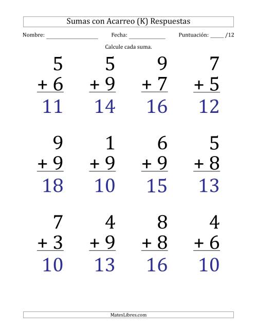 La hoja de ejercicios de 12 Preguntas de Adición de Un Solo Dígito Con Acarreo en Todas las Preguntas (K) Página 2