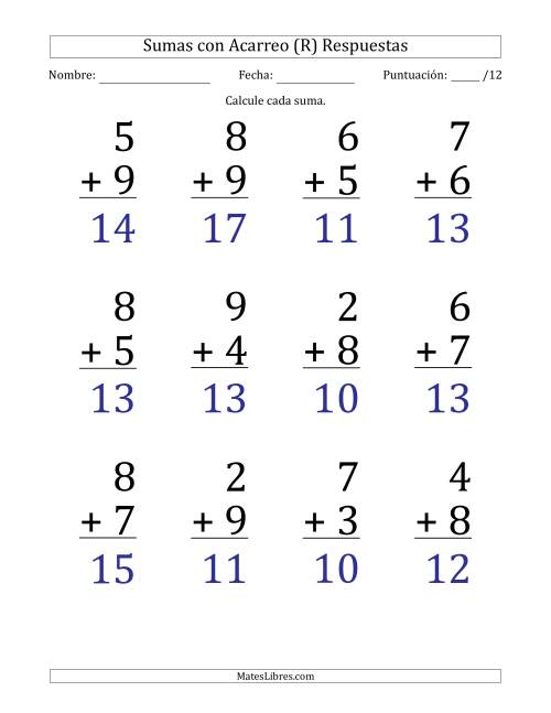 La hoja de ejercicios de 12 Preguntas de Adición de Un Solo Dígito Con Acarreo en Todas las Preguntas (R) Página 2