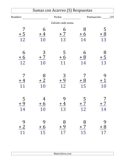 La hoja de ejercicios de 25 Preguntas de Adición de Un Solo Dígito Con Acarreo en Todas las Preguntas (S) Página 2