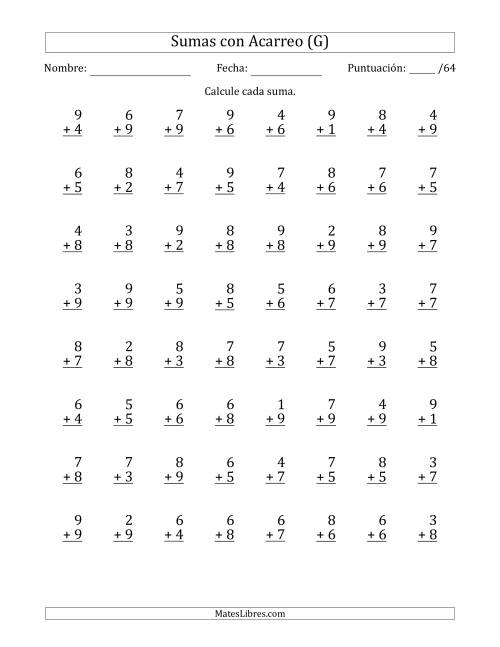 La hoja de ejercicios de 64 Preguntas de Adición de Un Solo Dígito Con Acarreo en Todas las Preguntas (G)