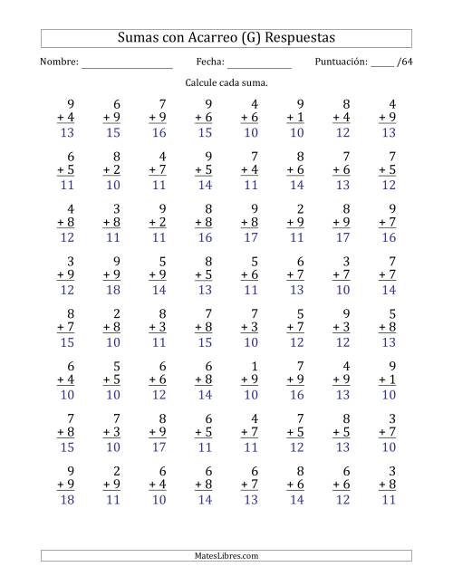 La hoja de ejercicios de 64 Preguntas de Adición de Un Solo Dígito Con Acarreo en Todas las Preguntas (G) Página 2
