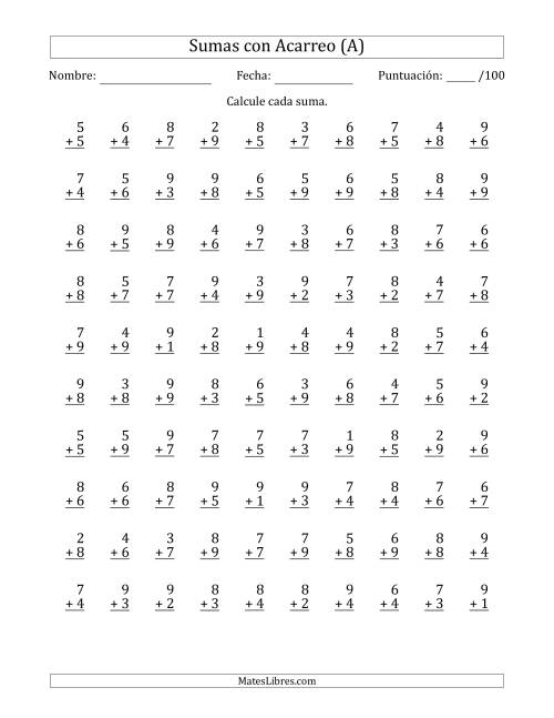 La hoja de ejercicios de 100 Preguntas de Adición de Un Solo Dígito Con Acarreo en Todas las Preguntas (A)