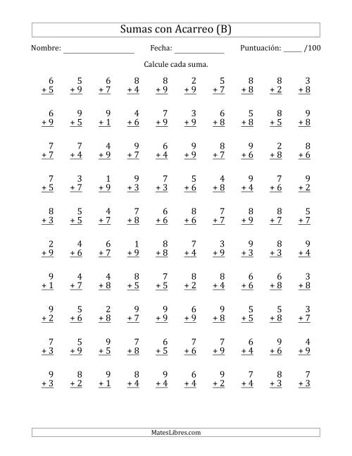 La hoja de ejercicios de 100 Preguntas de Adición de Un Solo Dígito Con Acarreo en Todas las Preguntas (B)