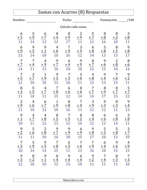 La hoja de ejercicios de 100 Preguntas de Adición de Un Solo Dígito Con Acarreo en Todas las Preguntas (B) Página 2