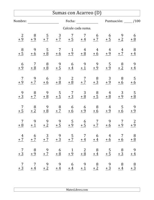 La hoja de ejercicios de 100 Preguntas de Adición de Un Solo Dígito Con Acarreo en Todas las Preguntas (D)