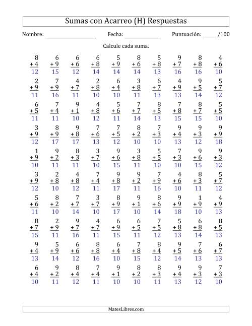 La hoja de ejercicios de 100 Preguntas de Adición de Un Solo Dígito Con Acarreo en Todas las Preguntas (H) Página 2