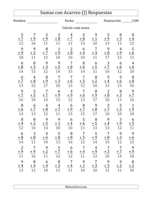 La hoja de ejercicios de 100 Preguntas de Adición de Un Solo Dígito Con Acarreo en Todas las Preguntas (J) Página 2