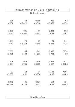 Sumas Varias de Dos a Cuatro Dígitos