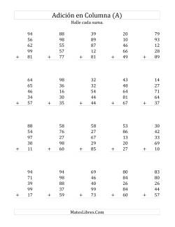 Suma en Columna, Cinco Números de Dos Dígitos