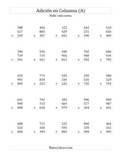Suma en Columna, Tres Números de Tres Dígitos