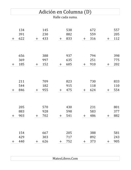 La hoja de ejercicios de Suma en Columna, Tres Números de Tres Dígitos (D)