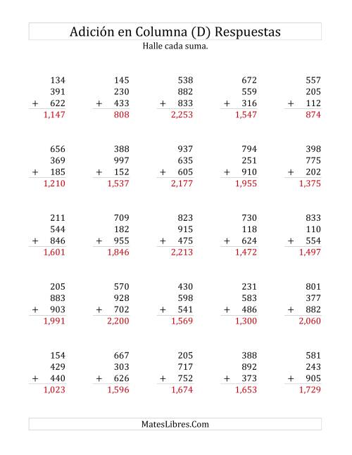 La hoja de ejercicios de Suma en Columna, Tres Números de Tres Dígitos (D) Página 2