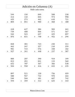 Suma en Columna, Cuatro Números de Tres Dígitos