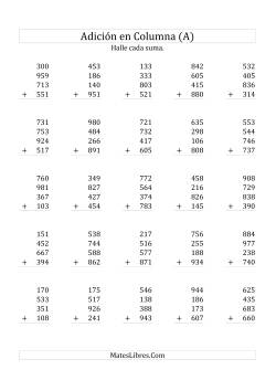 Suma en Columna, Cuatro Números de Tres Dígitos