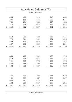 Suma en Columna, Cinco Números de Tres Dígitos