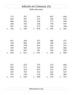 Suma en Columna, Seis Números de Tres Dígitos