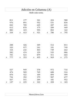 Suma en Columna, Seis Números de Tres Dígitos