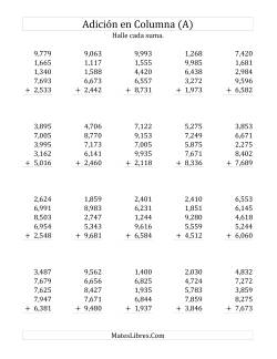 Suma en Columna, Cinco Números de Cuatro Dígitos