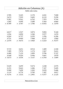 Suma en Columna, Cinco Números de Cuatro Dígitos