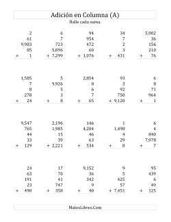 Suma en Columna, Cinco Números de Varios Dígitos