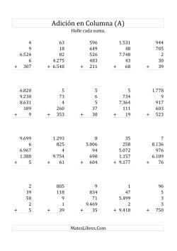 Suma en Columna, Cinco Números de Varios Dígitos