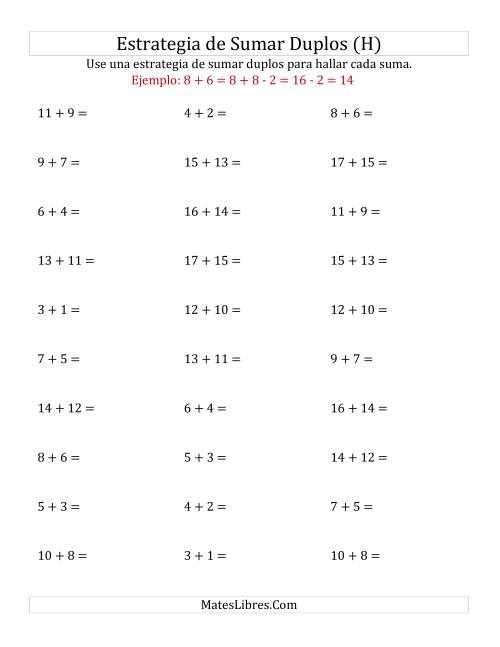 La hoja de ejercicios de Sumar Duplos Menos Dos (Medio) (H)