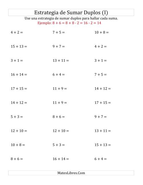 La hoja de ejercicios de Sumar Duplos Menos Dos (Medio) (I)