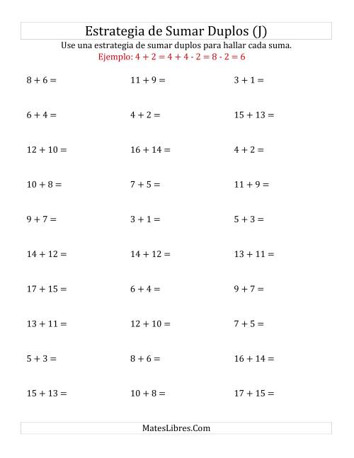 La hoja de ejercicios de Sumar Duplos Menos Dos (Medio) (J)