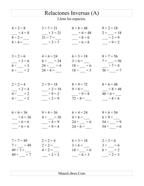 La hoja de ejercicios de Relaciones Inversas, Multiplicación y División de 2 a 9 (A)