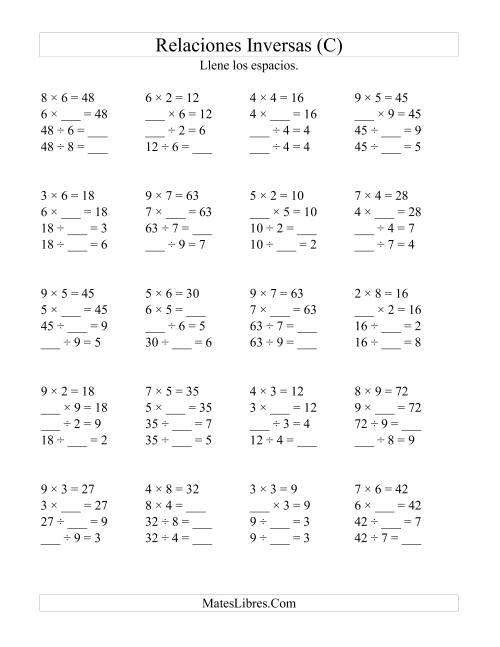 La hoja de ejercicios de Relaciones Inversas, Multiplicación y División de 2 a 9 (C)