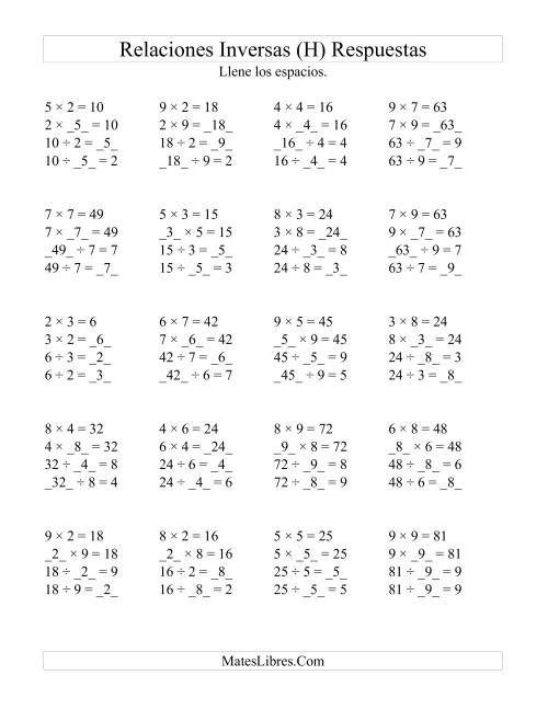 La hoja de ejercicios de Relaciones Inversas, Multiplicación y División de 2 a 9 (H) Página 2