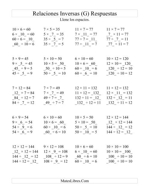 La hoja de ejercicios de Relaciones Inversas, Multiplicación y División de 5 a 12 (G) Página 2