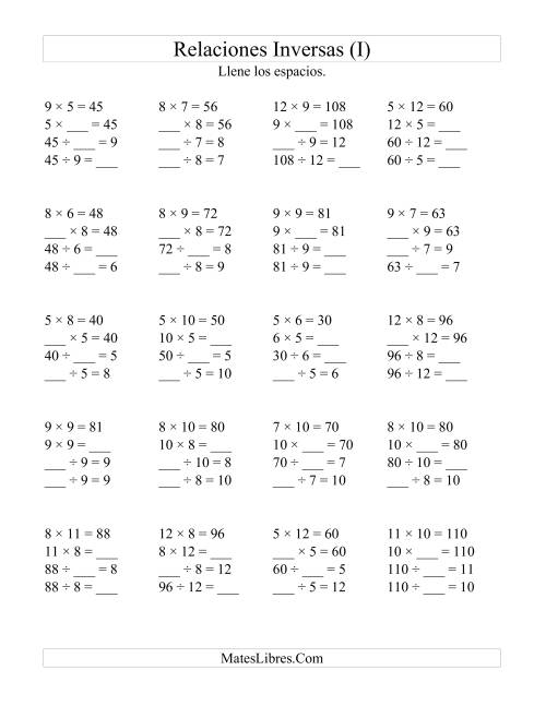 La hoja de ejercicios de Relaciones Inversas, Multiplicación y División de 5 a 12 (I)