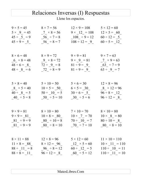 La hoja de ejercicios de Relaciones Inversas, Multiplicación y División de 5 a 12 (I) Página 2