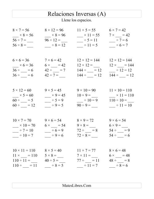 La hoja de ejercicios de Relaciones Inversas, Multiplicación y División de 5 a 12 (Todas)