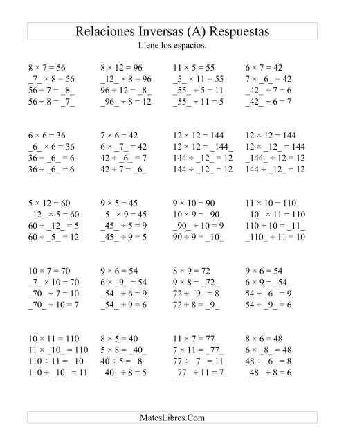 La hoja de ejercicios de Relaciones Inversas, Multiplicación y División de 5 a 12 (Todas) Página 2
