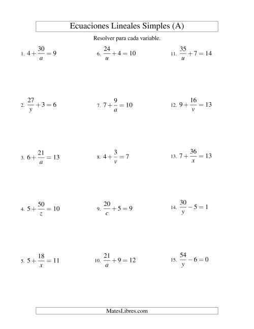 La hoja de ejercicios de Resolver Ecuaciones Lineales de la Forma a/x ± b = c sin Valores Negativos (A)