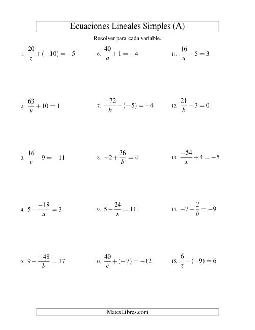 La hoja de ejercicios de Resolver Ecuaciones Lineales de la Forma a/x ± b = c con Valores Negativos (A)