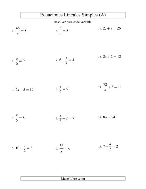 La hoja de ejercicios de Resolver Ecuaciones Lineales de Todas las Variaciones de la Forma ax + b = c sin Valores Negativos (A)