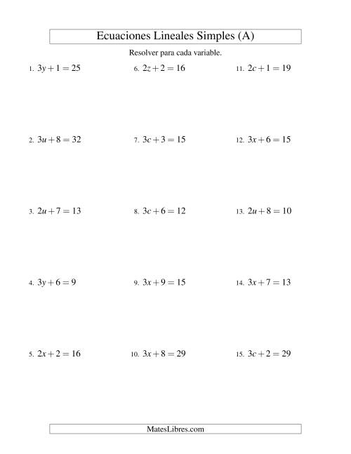 La hoja de ejercicios de Resolver Ecuaciones Lineales de la Forma ax + b = c sin Valores Negativos (A)