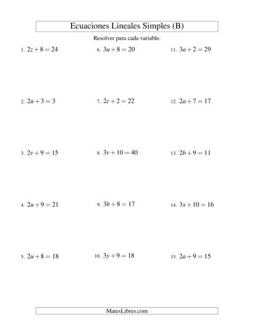 La hoja de ejercicios de Resolver Ecuaciones Lineales de la Forma ax + b = c sin Valores Negativos (B)