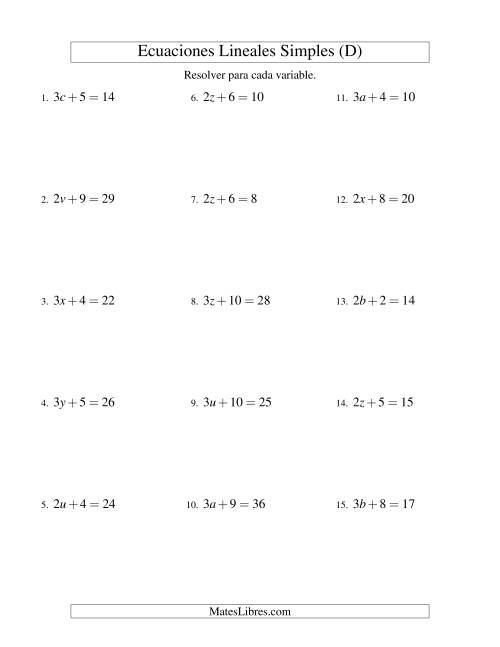 La hoja de ejercicios de Resolver Ecuaciones Lineales de la Forma ax + b = c sin Valores Negativos (D)