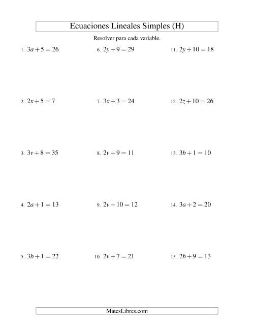 La hoja de ejercicios de Resolver Ecuaciones Lineales de la Forma ax + b = c sin Valores Negativos (H)