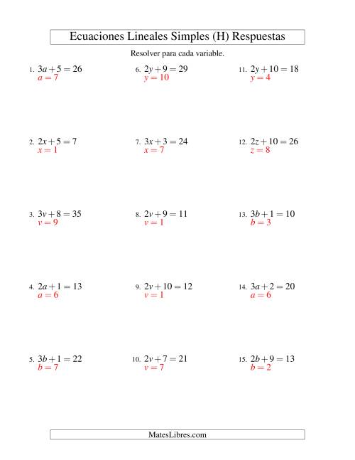 La hoja de ejercicios de Resolver Ecuaciones Lineales de la Forma ax + b = c sin Valores Negativos (H) Página 2