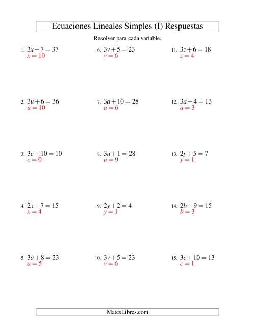 La hoja de ejercicios de Resolver Ecuaciones Lineales de la Forma ax + b = c sin Valores Negativos (I) Página 2